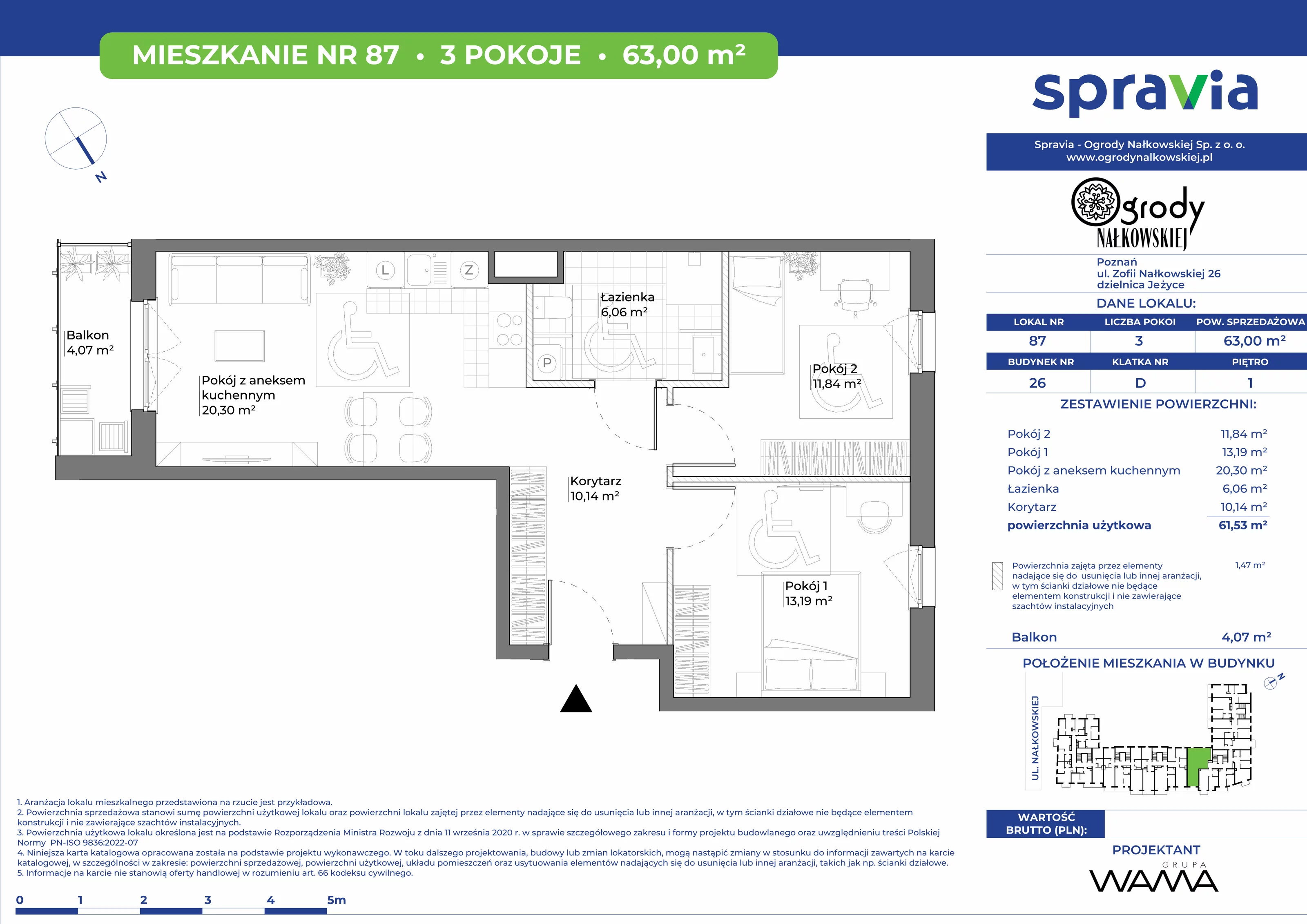 3 pokoje, mieszkanie 63,00 m², piętro 1, oferta nr 26-87, Ogrody Nałkowskiej, Poznań, Ogrody, ul. Nałkowskiej 24, 26